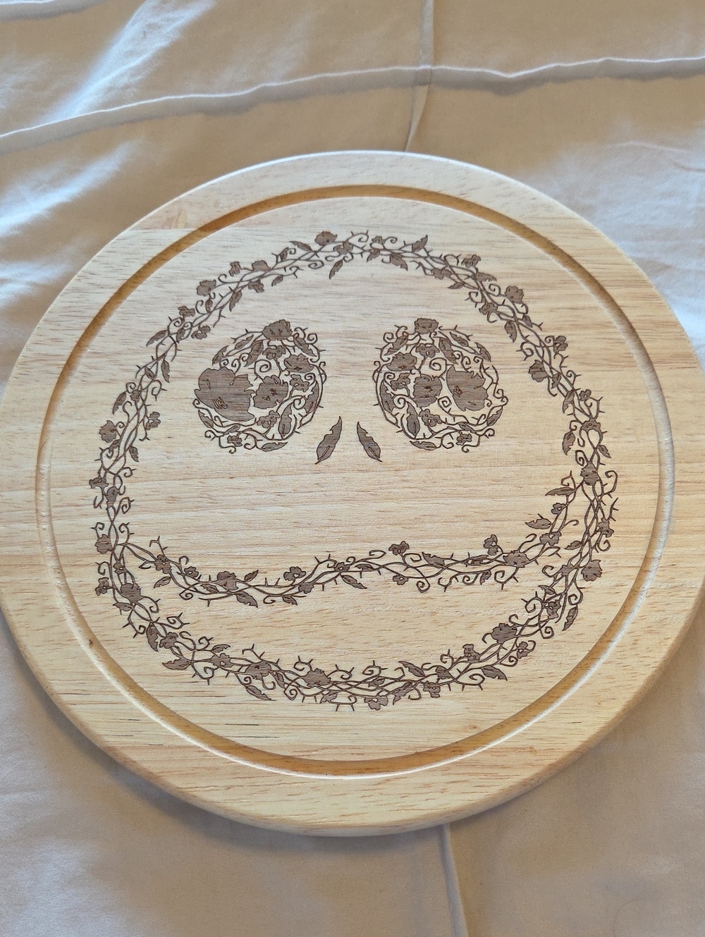 Wooden Round Serving Board with Floral Smile Engraving
